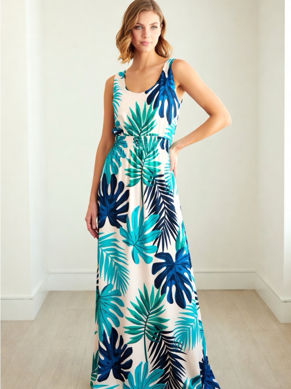 Sonoma Cream Maxi Dress with Blue & Teal Leaf Print